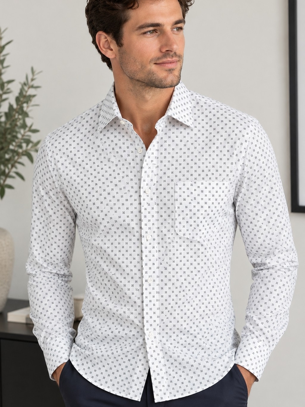 Hart Schaffner Marx White Button-Down Shirt with Navy Micro Print